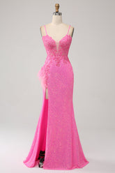 Trendiges Meerjungfrauen Spaghettiträger rosa Pailletten langes Ballkleid mit Applikationen